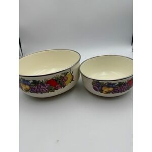 Vintage Cornucopia Enamel Nesting Mixing Bowls Set of 2 Fruit Pattern Cream 8.5"